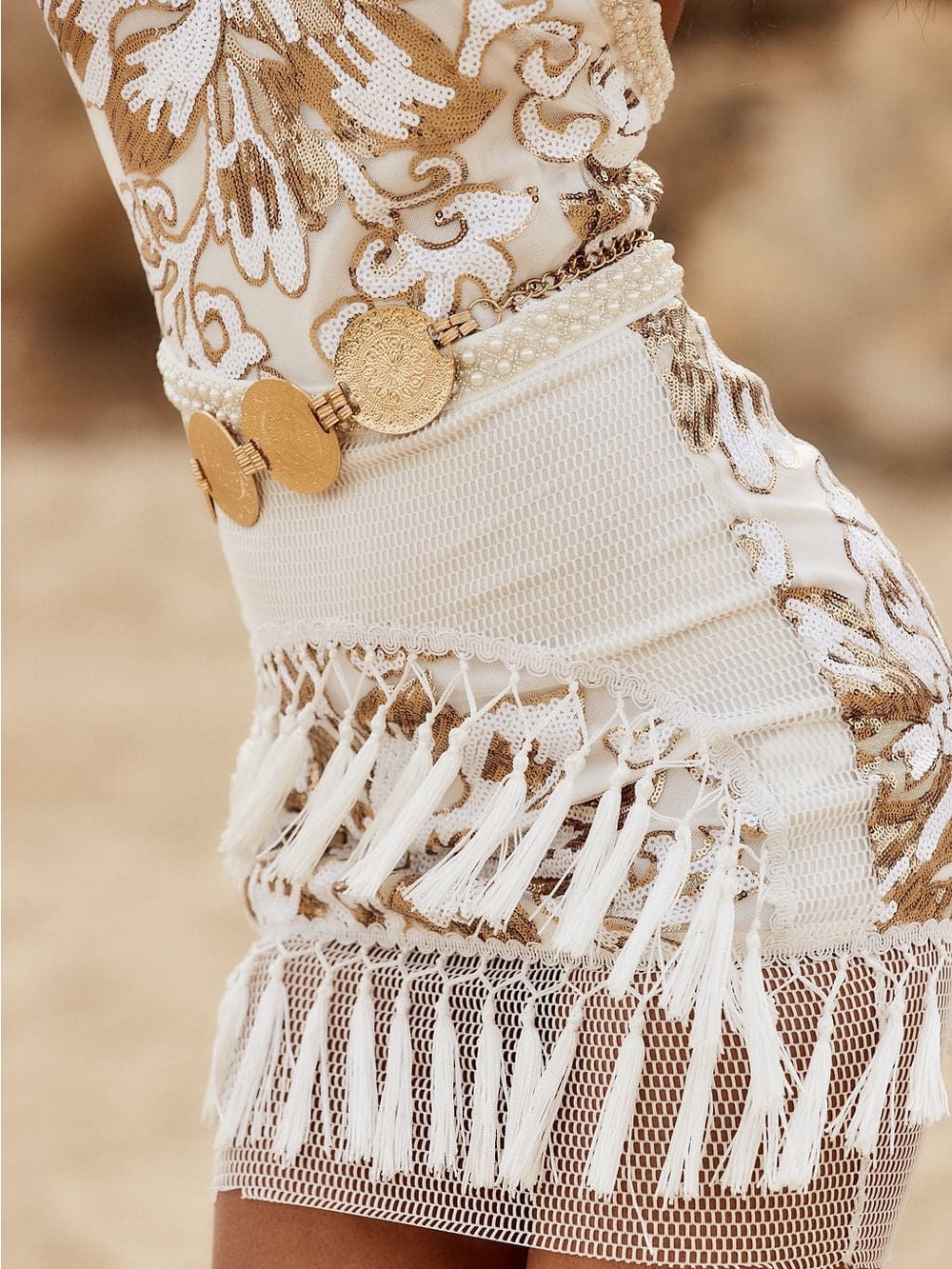 12th Tribe Pearl-Embellished Ivory Halter Dress with Gold Sequin Detail - Picture 4 of 5